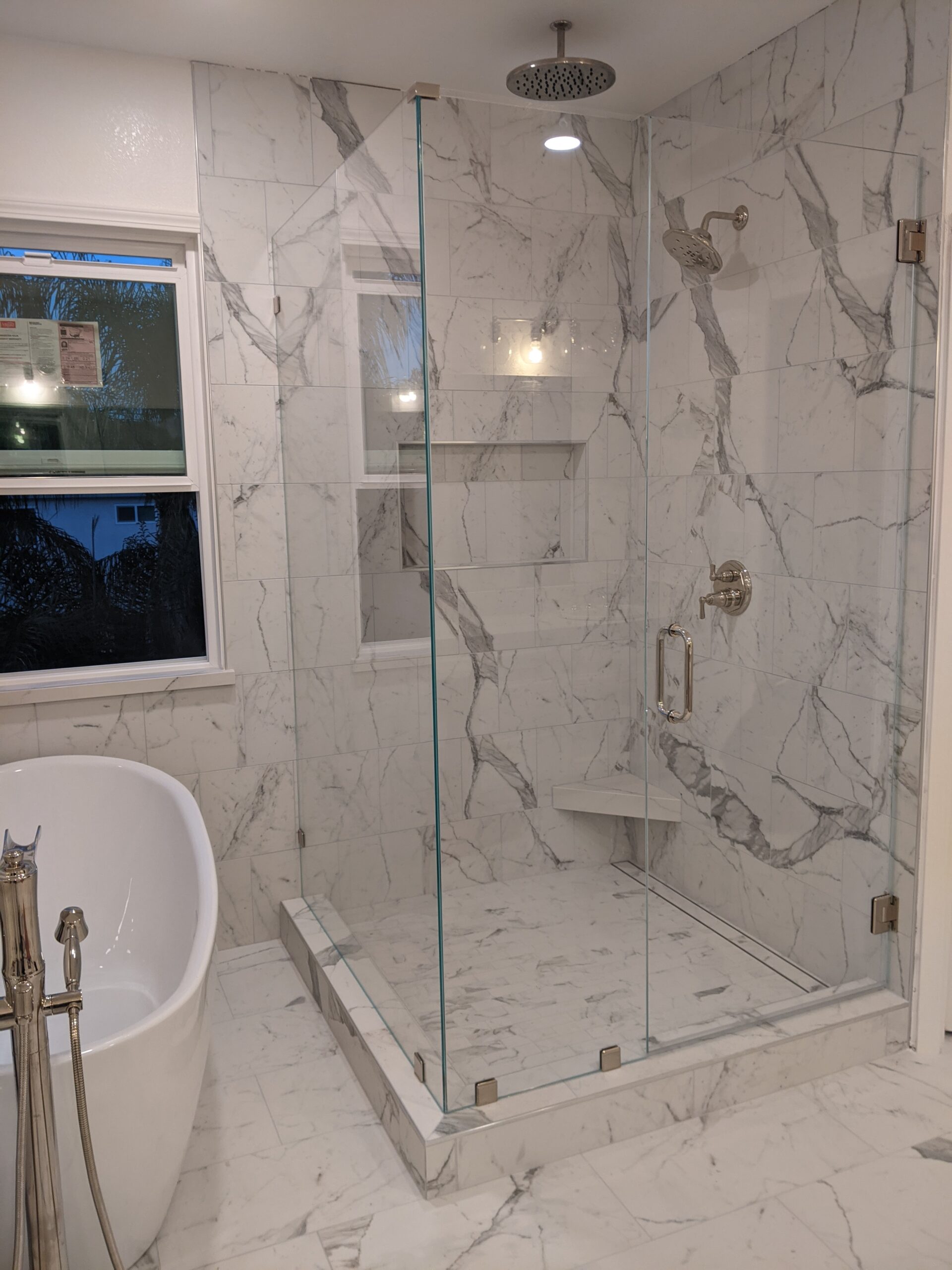 Marble walk-in shower bathroom remodel in Campbell CA