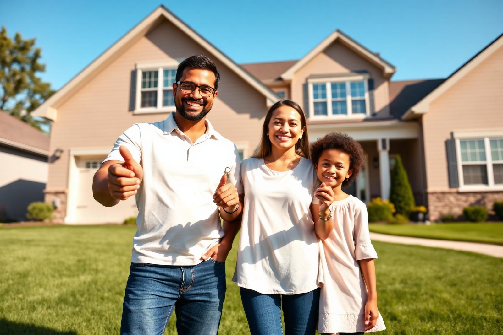 Family in front of new home financed in Algonquin